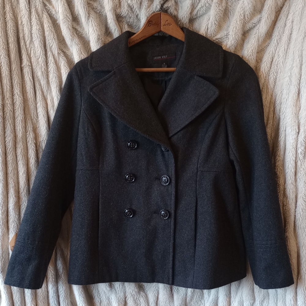 Jason Kole Wool Blend Medium Pea Coat Button Closure Dark Grey Collared.